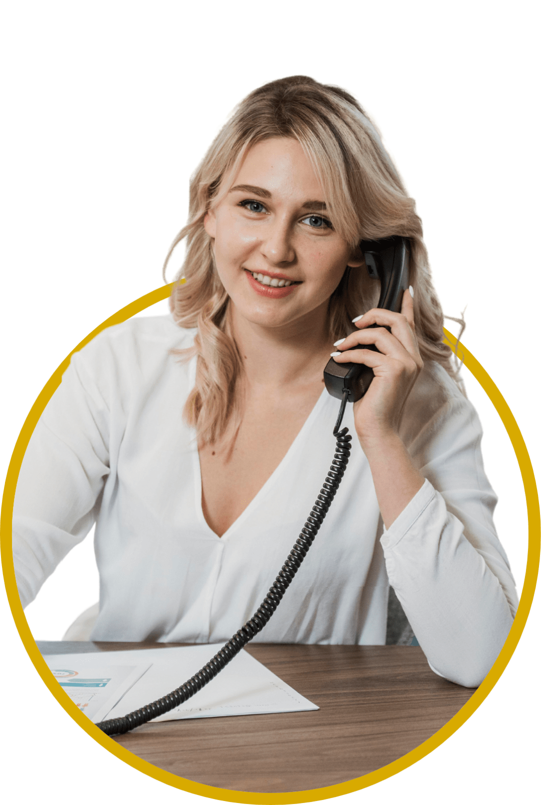 LP - Guide to Switching to a Cloud-Based Phone System - Hero - Rhode Island Telephone Guide to Switching to a Cloud-Based Phone System - Hero - Rhode Island Telephone - Young woman smiling while using a desk phone