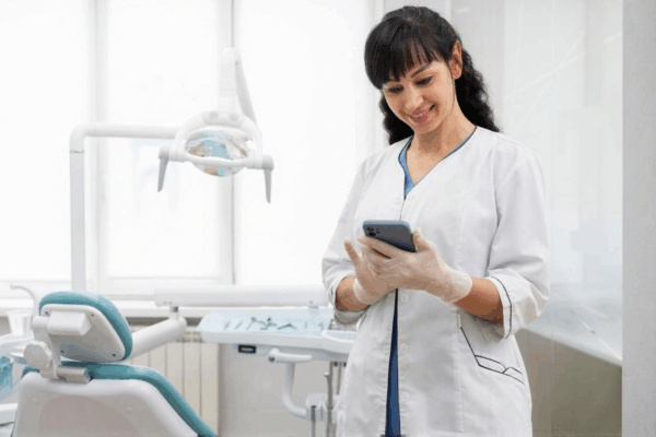 Female dentist in exam room using mobile app feature of her tailored VoIP phone system for dental offices.