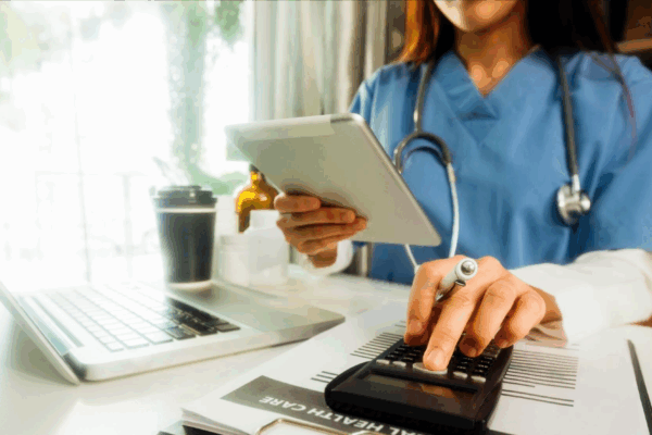 b7e6c710-e9b5-4b8d-a173-ee0fe5d3cc86 A nurse in scrubs uses a calculator while holding a tablet at a desk with a laptop and medical files. The scene represents the integration of phone services and local business telecom in healthcare settings, supporting affordable communication and scalable phone systems for efficient patient management.
