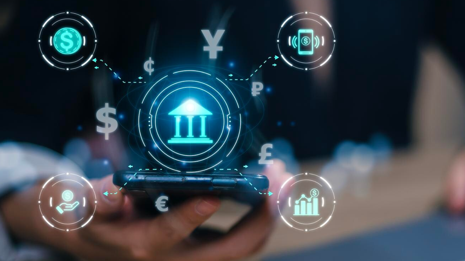 Hand holding smartphone with glowing banking and currency icons, representing secure and reliable internet for banks using fiber technology.