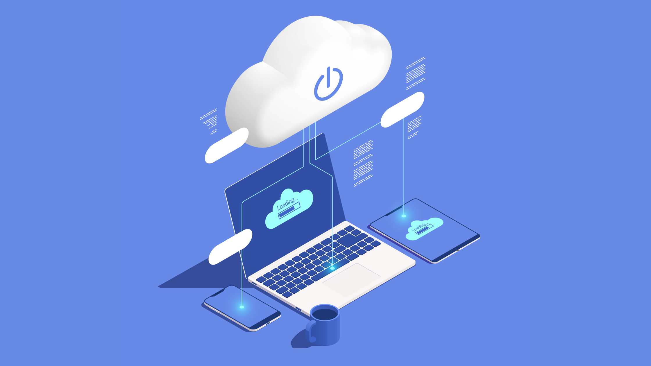 Laptop, tablet, and smartphone syncing to a cloud with “loading” screens, showing the the digital communication tools available via cloud connectivity.