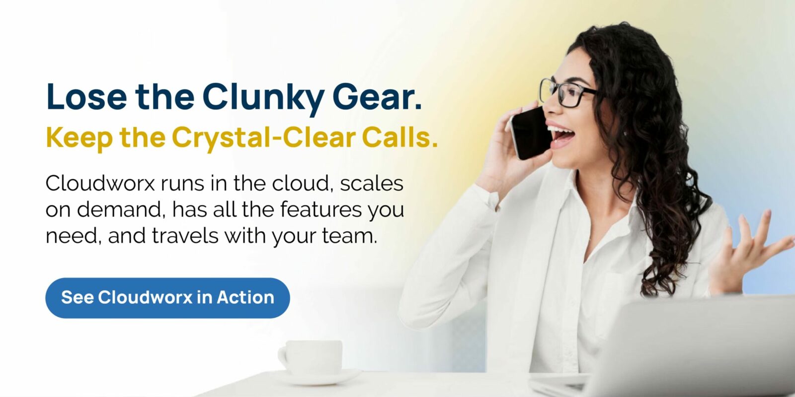 Smiling woman on a mobile phone with text promoting Cloudworx as a cloud-based law office phone system offering flexible, on-the-go features.