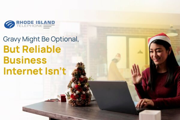 A team on a festive, "secure video conference" that's powered by "business internet" from Rhode Island Telephone.