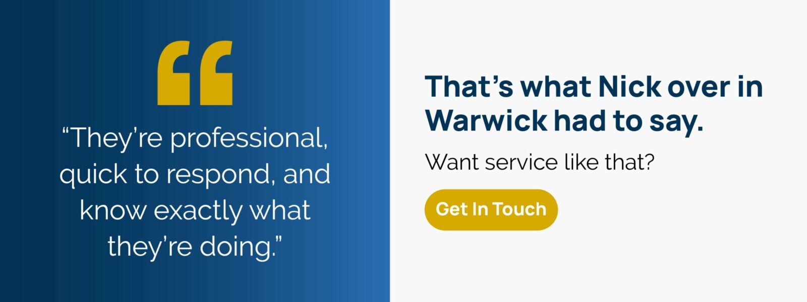 Client testimonial highlights fast, professional service from a law office phone system, with a prompt to get in touch.