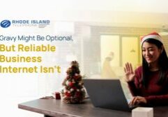 A team on a festive, "secure video conference" that's powered by "business internet" from Rhode Island Telephone.