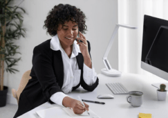 A woman using a phone system in a legal office