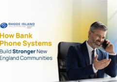 Man at desk talking on phone with the title of the blog to the left: How Bank Phone Systems Build Stronger New England Communities